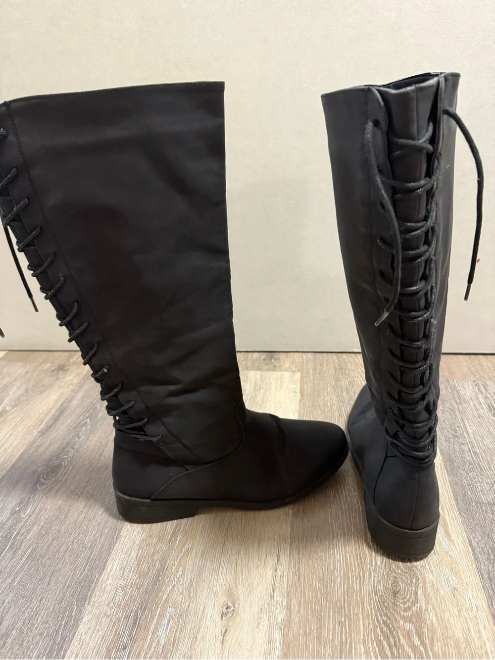Black Faux Lace-Up Knee-High Boots